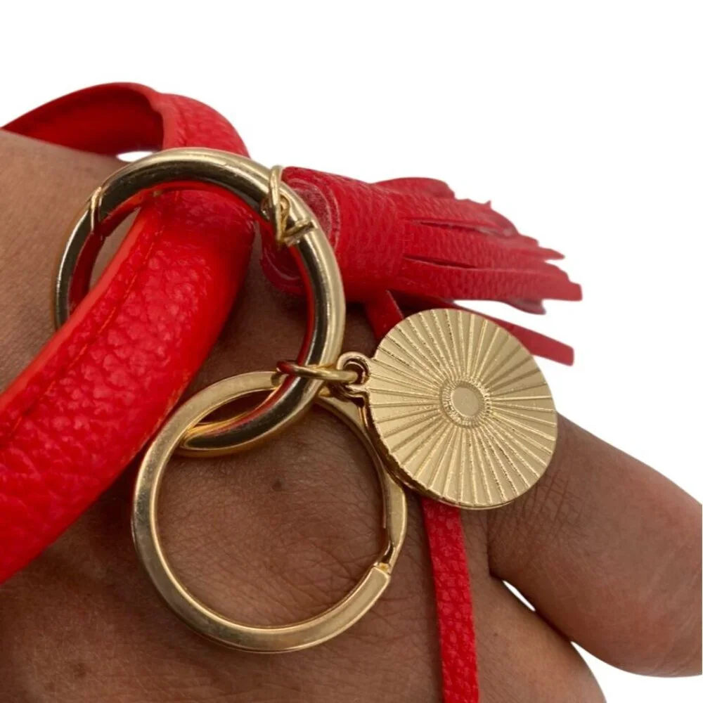 Leather‎ Tassel Bangle Keychain Red With Gold Tone Charms & Rings Wrislet